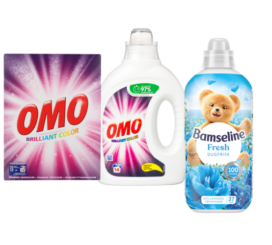 Omo 700 ml./g. eller Bamseline 925 ml.
Begrænset parti. 14 vaske./925 ml. Pris pr vask 1,42/ Literpris 21,62.