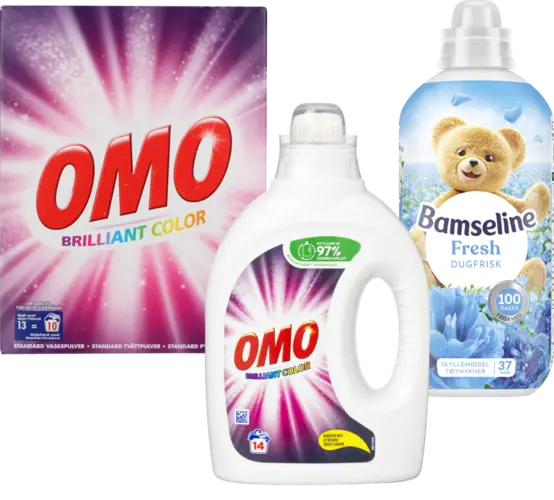 Fyldende vaskemiddel 700 g, pulver 700 g eller skyllemiddel 925 ml. 10-14 vaske./925 ml. Pris pr vask. maks 2,00/ Literpris 21,62.